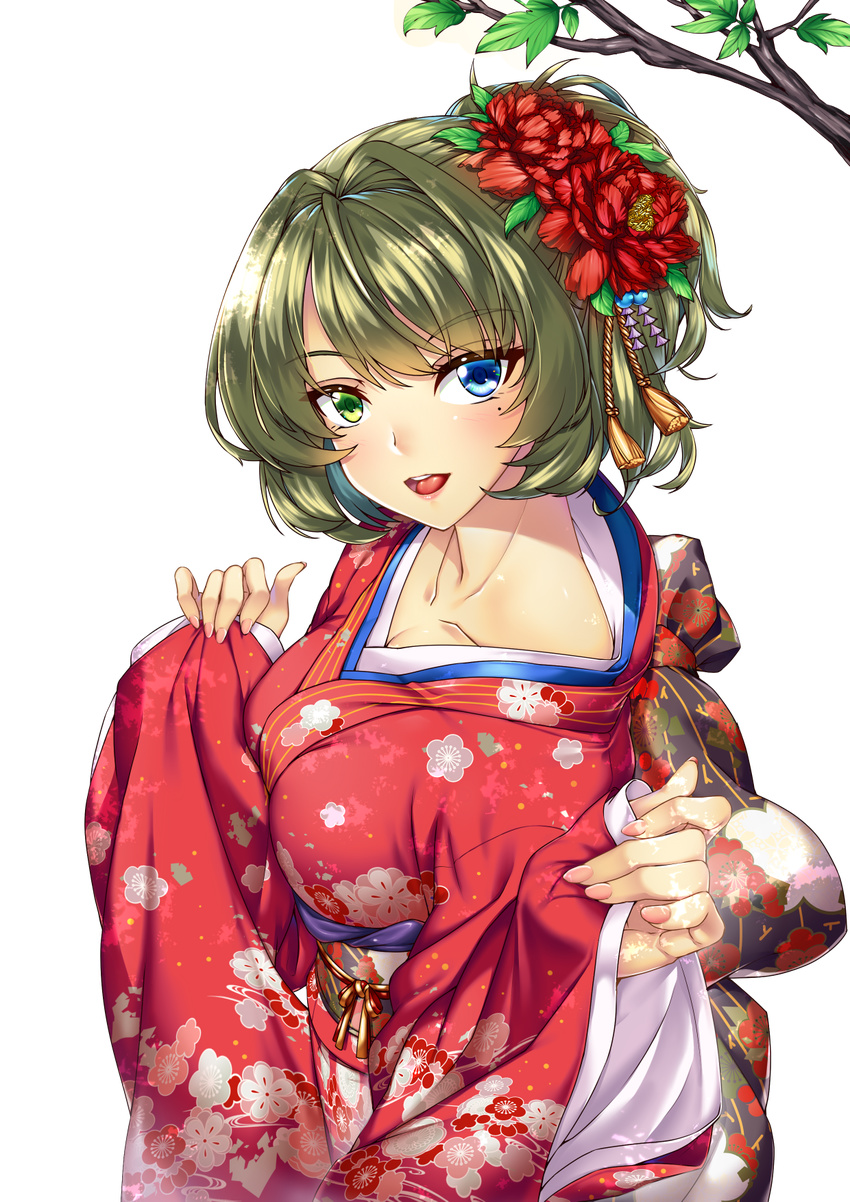 blue_eyes breasts brown_hair commentary_request cover cover_page doujin_cover flower green_eyes hair_flower hair_ornament happy_new_year heterochromia highres idolmaster idolmaster_cinderella_girls japanese_clothes kimono large_breasts looking_at_viewer mole mole_under_eye new_year shirokuma_a short_hair smile solo takagaki_kaede tied_hair transparent_background wide_sleeves yoi_otome