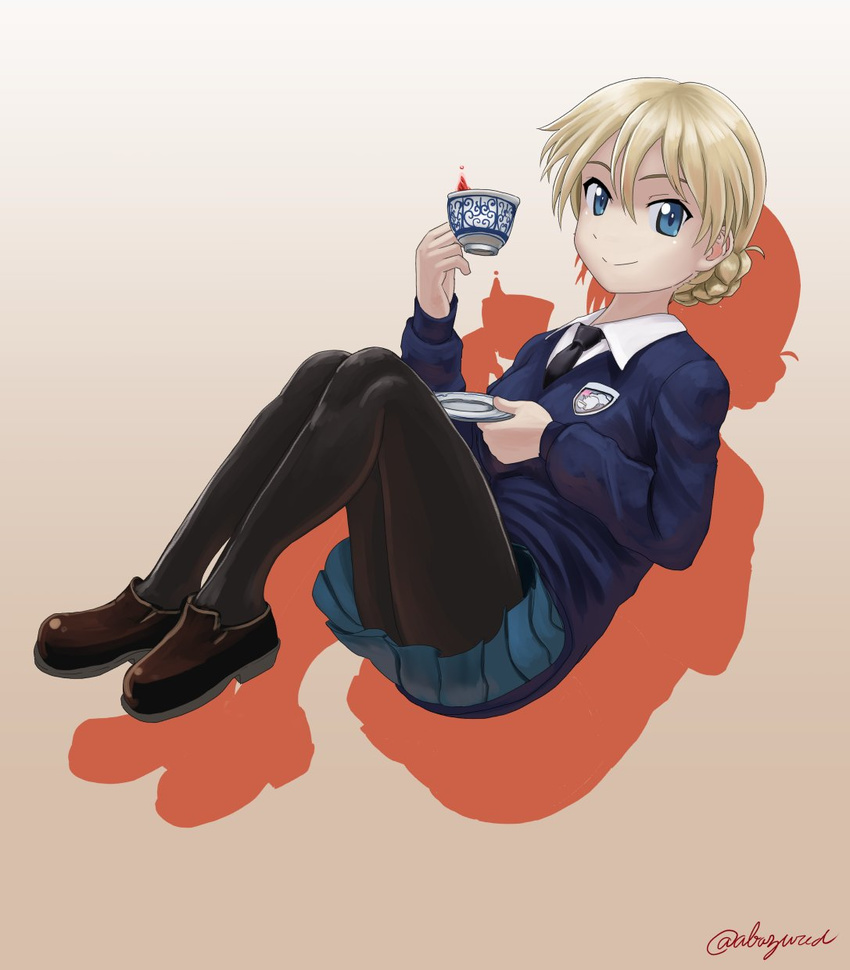 abazu-red azumanga_daiou bangs black_footwear black_legwear black_neckwear blonde_hair blue_eyes blue_skirt blue_sweater braid closed_mouth cup darjeeling dress_shirt emblem floating full_body girls_und_panzer gradient gradient_background highres holding loafers long_sleeves looking_at_viewer miniskirt necktie pantyhose pink_background pleated_skirt saucer school_uniform shadow shirt shoes short_hair skirt smile solo st._gloriana's_(emblem) st._gloriana's_school_uniform sweater teacup tied_hair twin_braids v-neck white_shirt