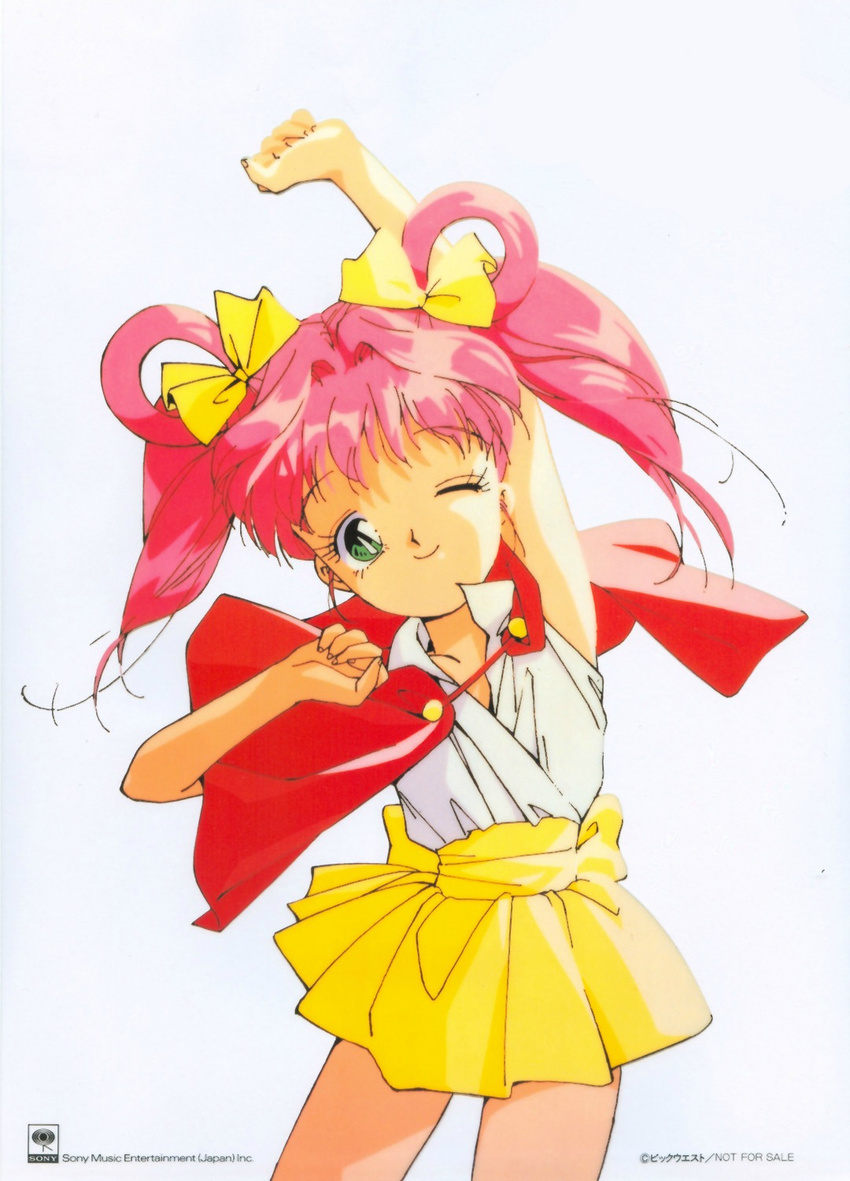 90s arm_up chikanaga_sanae child cloak closed_mouth cowboy_shot green_eyes hair_ribbon highres idol_tenshi_youkoso_youko long_hair looking_at_viewer non-web_source not_for_sale one_eye_closed pink_hair red_cloak ribbon simple_background skirt smile solo tanaka_youko tied_hair twintails white_background yellow_ribbon yellow_skirt