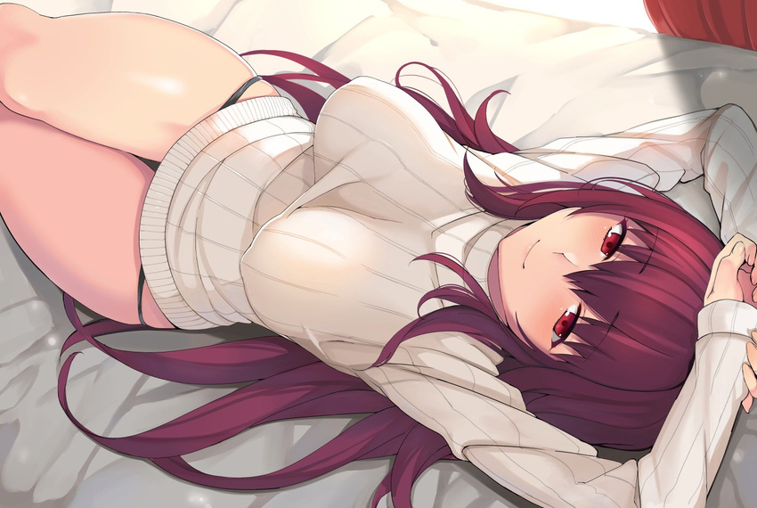 arms_up bed black_panties blush breasts breasts_apart clenched_hand closed_mouth covered_nipples cowboy_shot curtains dutch_angle eyebrows_visible_through_hair fate/grand_order fate_(series) from_above hair_between_eyes holding_arm impossible_clothes impossible_sweater indoors large_breasts legs_together light_smile long_hair long_sleeves looking_at_viewer lowleg lowleg_panties lying no_bra no_pants nuko_(mikupantu) on_back on_bed panties panty_straps purple_hair red_eyes ribbed_sweater scathach_(fate)_(all) scathach_(fate/grand_order) shade sidelocks skindentation smile solo sunlight sweater taut_clothes thigh_gap thighs turtleneck turtleneck_sweater underwear very_long_hair white_sweater window