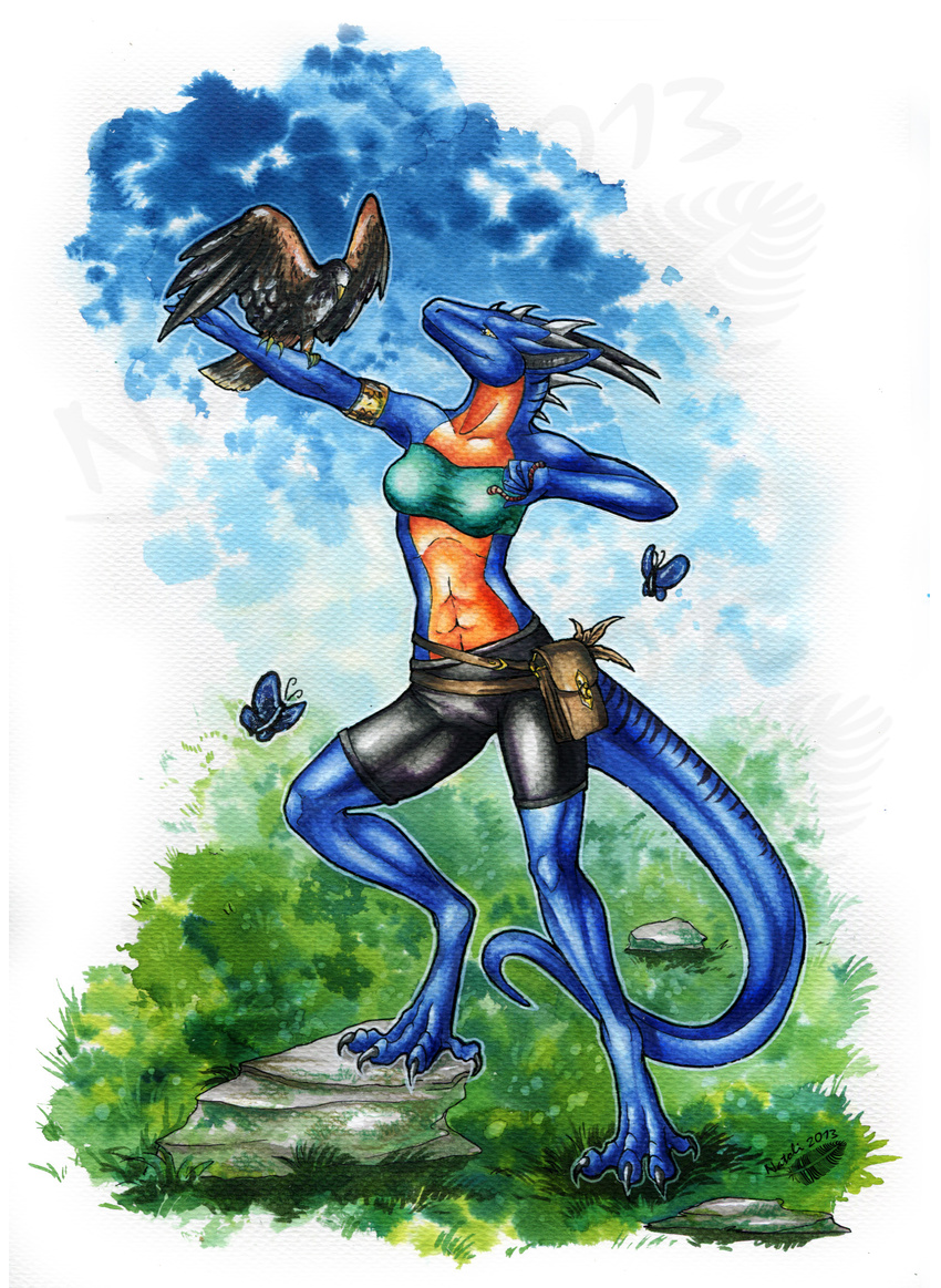 2013 abs anthro avian bird claws day digitigrade dragon duo feathered_wings feathers female grass horn midriff natoli outside rock smile standing toe_claws traditional_media_(artwork) wings yellow_eyes