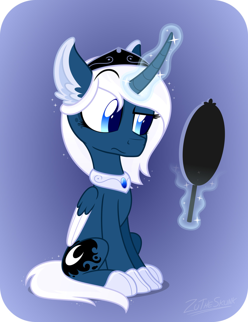 blue_eyes blue_fur cutie_mark equine feathered_wings feathers female feral friendship_is_magic fur hair horn magic mammal my_little_pony princess_luna_(mlp) simple_background sitting solo white_hair winged_unicorn wings zutheskunk