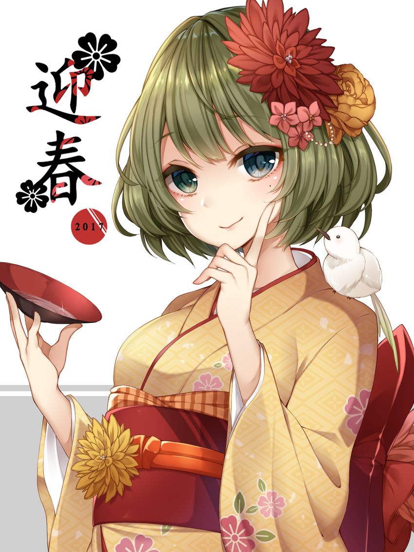 alcohol bird blue_eyes brown_hair commentary_request cup flower furisode green_eyes hair_flower hair_ornament heterochromia highres idolmaster idolmaster_cinderella_girls japanese_clothes kimono looking_at_viewer mole mole_under_eye ripu_(sherypton) sakazuki sake short_hair smile solo takagaki_kaede tied_hair yoi_otome