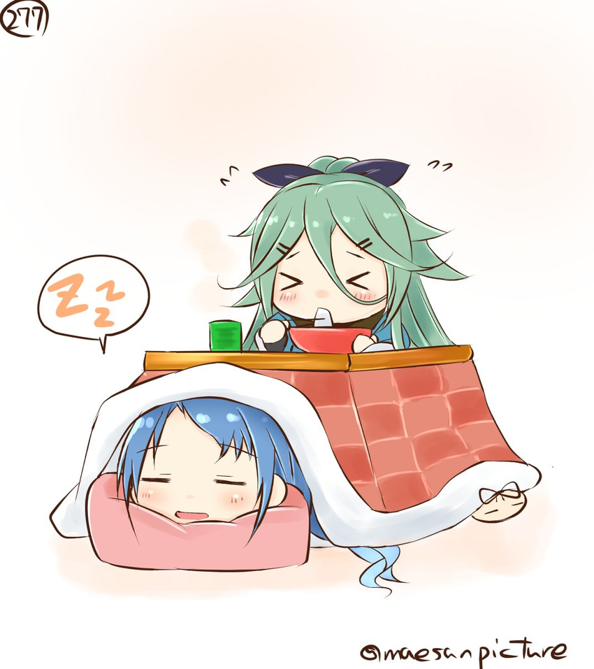 &gt;_&lt; bangs blue_hair blush bowl chibi chopsticks closed_eyes commentary eating eyebrows_visible_through_hair flying_sweatdrops food gradient_hair green_hair hair_between_eyes highres kantai_collection kotatsu long_hair lying mae_(maesanpicture) multicolored_hair multiple_girls numbered on_stomach samidare_(kantai_collection) sleeping speech_bubble swept_bangs table the_yuudachi-like_creature twitter_username yamakaze_(kantai_collection) zzz