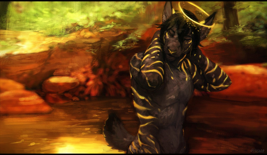 2016 anthro biped black_fur black_hair black_tail detailed_background digital_media_(artwork) digital_painting_(artwork) eyebrows eyes_closed feline forest front_view fur hair half-length_portrait halo hand_behind_head lake male mammal multicolored_fur nature notsorad nude oouna outside portrait signature solo standing striped_fur stripes tasteful_nudity tiger tree two_tone_fur whiskers yellow_fur yellow_nose yellow_stripes