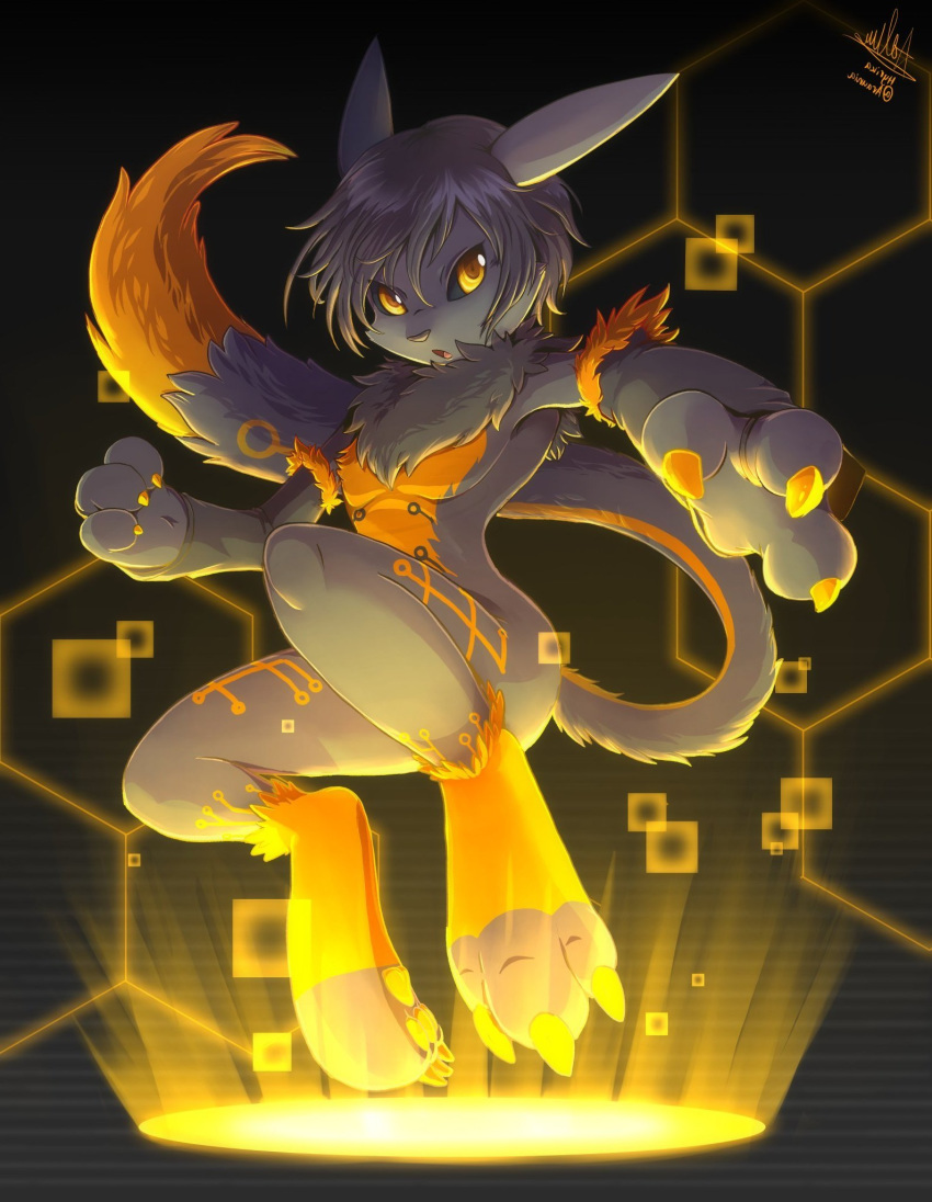 2018 3_fingers anthro armwear black_fur black_hair black_nose black_sclera canine chest_tuft claws clothing digimon digimon_(species) digital_media_(artwork) digitigrade extinctmon fur hair male mammal markings multicolored_fur nude open_mouth orange_claws orange_eyes orange_fur orange_paws paws renamon solo toe_claws toes tuft two_tone_fur two_tone_tail