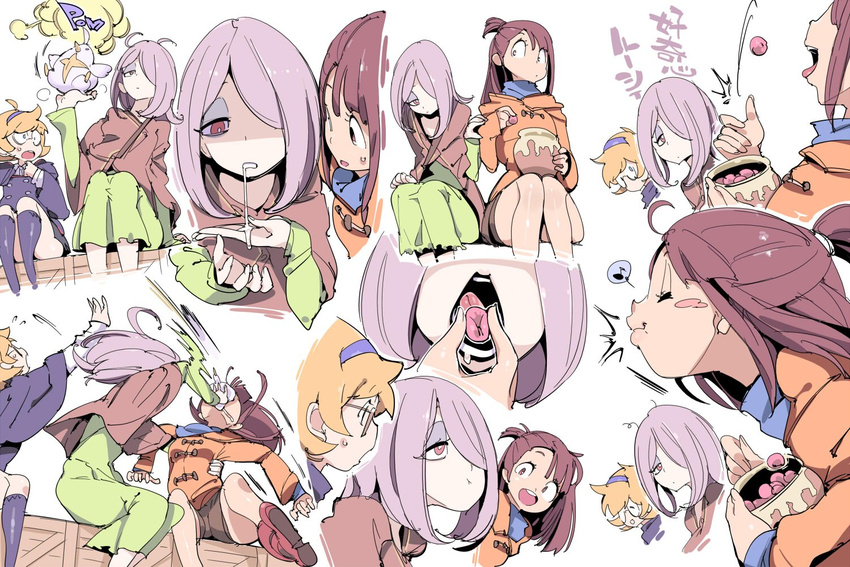 chris_(mario) hair_over_one_eye kagari_atsuko little_witch_academia long_hair lotte_jansson multiple_girls open_mouth pale_skin saliva sucy_manbavaran