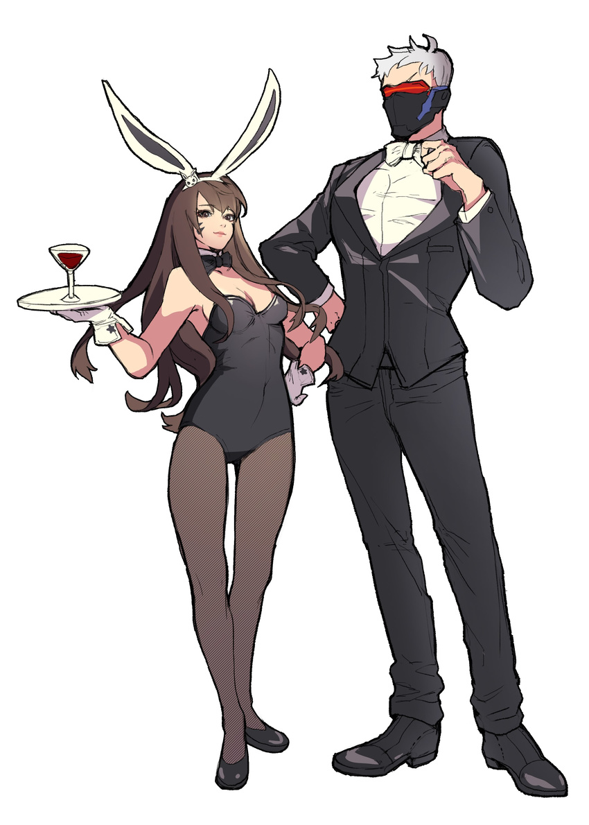 1girl absurdres adjusting_bow alcohol animal_ears bare_shoulders belda34 black_bow black_footwear black_jacket black_leotard black_neckwear black_pants bow bowtie breasts bunny_ears bunny_girl bunnysuit covered_mouth cup d.va_(overwatch) detached_collar dress_shirt drinking_glass face_mask facepaint facial_mark fake_animal_ears fishnet_pantyhose fishnets formal glass gloves hand_on_hip highres holding holding_plate jacket leotard long_sleeves looking_at_viewer mask medium_breasts overwatch pants pantyhose pink_lips plate scar scar_across_eye shirt shoes short_hair simple_background soldier:_76_(overwatch) standing strapless strapless_leotard suit visor whisker_markings white_background white_gloves white_hair white_shirt wine wine_glass