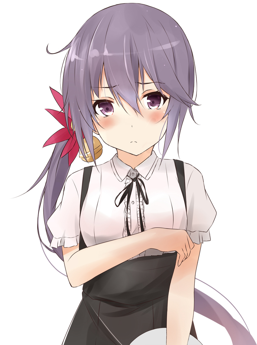 absurdres akebono_(kantai_collection) alternate_costume bell blush bow flower frown hair_bell hair_flower hair_ornament highres jingle_bell kantai_collection long_hair looking_at_viewer purple_eyes purple_hair saku_(kudrove) side_ponytail simple_background solo tray waiter white_background