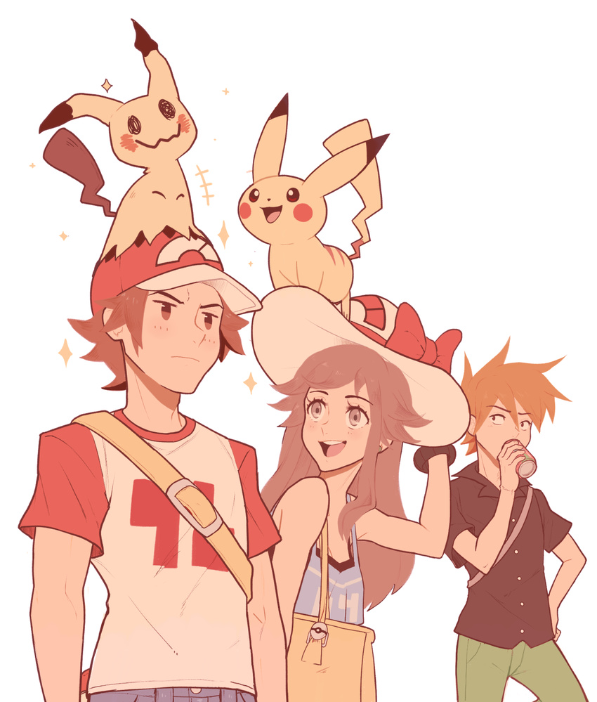 1girl 2boys :d baseball_cap blue_(pokemon) brown_eyes brown_hair closed_mouth drinking grey_eyes hand_on_hip hat highres jitome mimikyu multiple_boys older ookido_green ookido_green_(sm) open_mouth pikachu pokemon pokemon_(creature) pokemon_(game) pokemon_sm raglan_sleeves red_(pokemon) red_(pokemon)_(sm) sally_(luna-arts) simple_background smile sparkle spiked_hair sun_hat white_background
