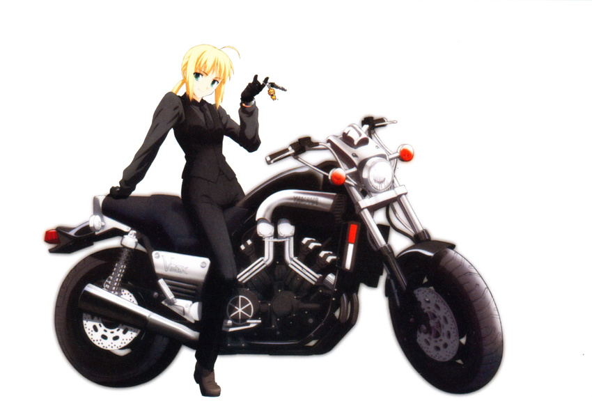 1girl absurdres ahoge blonde_hair detexted fate/stay_night fate/tiger_colosseum fate/zero fate_(series) formal green_eyes ground_vehicle highres key motor_vehicle motorcycle nagamori_masato necktie pant_suit photoshop saber saber_lion solo suit vehicle yamaha