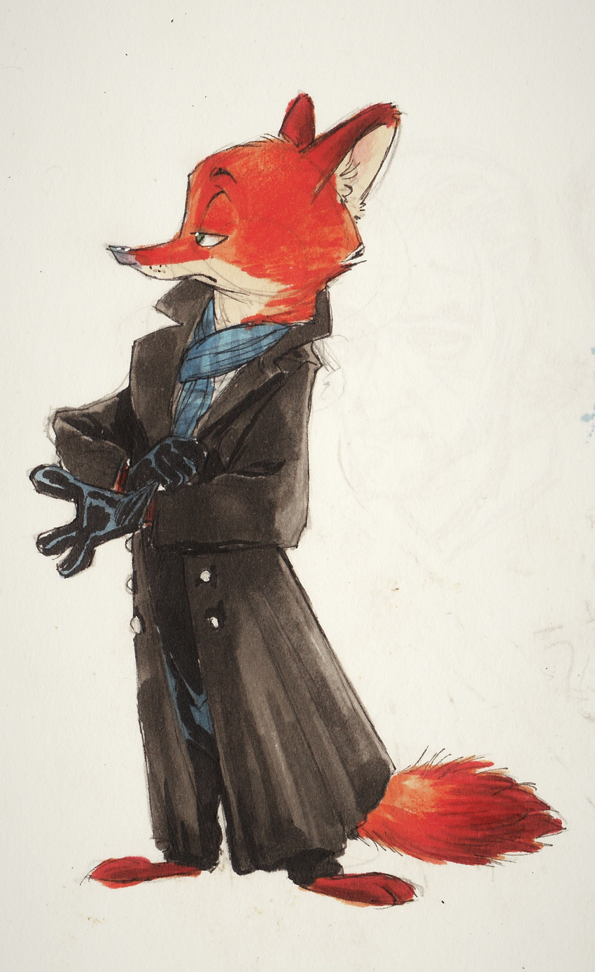 2017 anthro barefoot canine clothed clothing crossover disney fox gloves male mammal monoflax nick_wilde scarf sherlock_(series) simple_background solo standing trenchcoat white_background zootopia