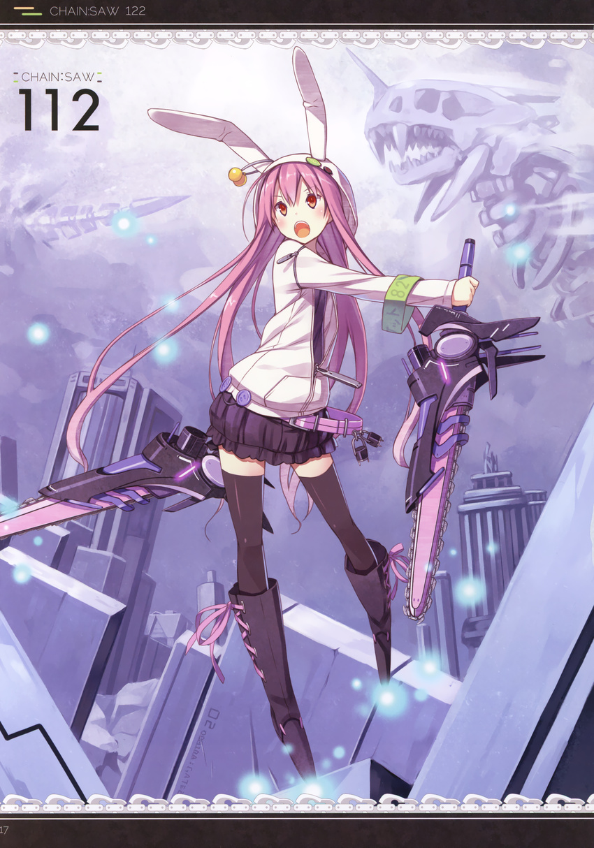 absurdres animal_hood armband belt black_legwear boots building bunny_hood chainsaw dual_wielding highres holding hood hoodie lock long_hair open_mouth original padlock poco_(asahi_age) purple_hair red_eyes reverse_grip skeleton skirt solo thighhighs zipper