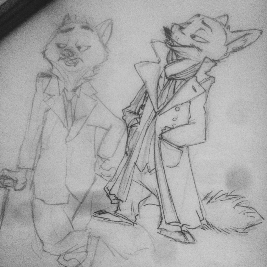 2017 anthro black_and_white canine clothed clothing crossover disney fox hands_in_pockets male mammal monochrome monoflax necktie nick_wilde scarf sherlock_(series) simple_background sketch solo suit trenchcoat walking_stick white_background zootopia