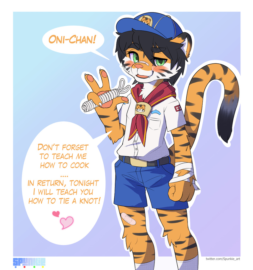 2017 anthro band-aid bandage black_hair blush boy_scout child clothed clothing cub feline fur green_eyes hair looking_at_viewer male mammal open_mouth orange_fur rope school_uniform shota simple_background smile solo spunkie standing text tiger uniform young