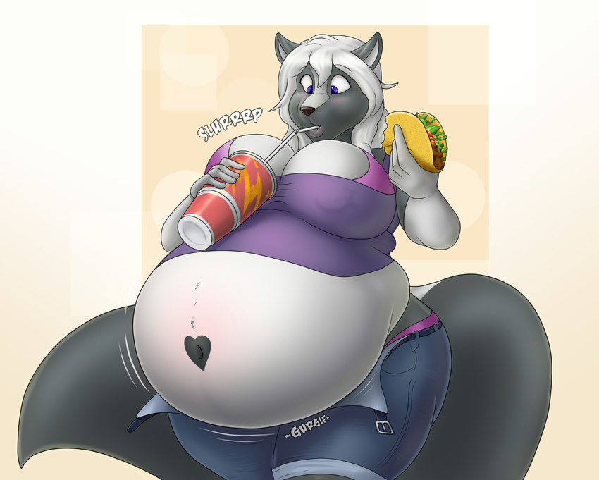 &lt;3 2017 belly big_belly big_breasts black_fur blue_eyes breasts cleavage clothed clothing digital_media_(artwork) drinking english_text food fur hair huge_breasts hyper hyper_belly ipipo jessica_(coaster14) mammal midriff navel obese overweight simple_background skunk solo standing stuffing taco text white_belly white_fur white_hair wide_hips