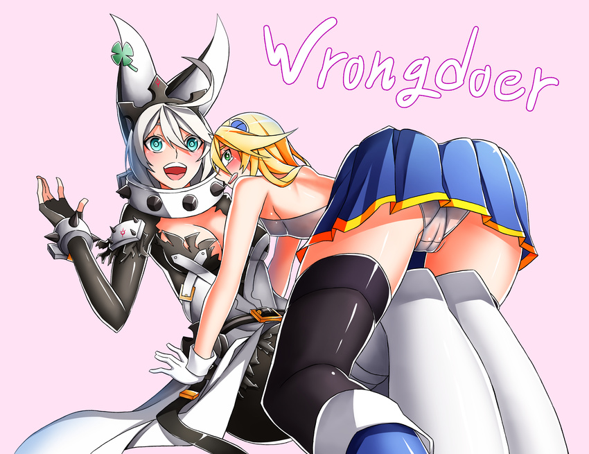 2girls ahoge all_fours aqua_eyes arc_system_works artist_request ass backless_outfit bare_shoulders blazblue blonde_hair blush boots breast_envy breasts cameltoe cleavage clover company_connection dress elphelt_valentine fingerless_gloves four-leaf_clover gloves guilty_gear guilty_gear_xrd guilty_gear_xrd:_revelator hair_ornament large_breasts long_hair looking_at_viewer looking_back miniskirt multiple_girls noel_vermillion open_mouth panties pantyhose shiny shiny_clothes shiny_hair shiny_skin short_hair sideboob sitting skirt smile tears thigh_boots thighhighs