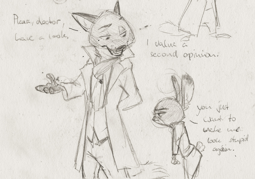 2017 anthro black_and_white canine clothed clothing crossover dialogue disney duo english_text female fox hand_behind_back judy_hopps lagomorph male mammal monochrome monoflax nick_wilde rabbit scarf sherlock_(series) simple_background text trenchcoat white_background zootopia