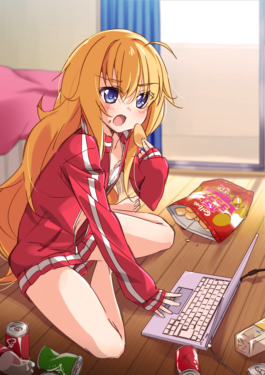 absurdres ahoge barefoot bed blonde_hair blue_eyes blush bottle bra can chips computer eating food food_on_face gabriel_dropout highres indoors jacket laptop long_hair messy_hair messy_room mousou_(mousou_temporary) no_pants on_floor open_mouth open_track_jacket panties potato_chips sitting sleeves_past_wrists soda_bottle soda_can solo tenma_gabriel_white track_jacket underwear unzipped very_long_hair white_bra white_panties