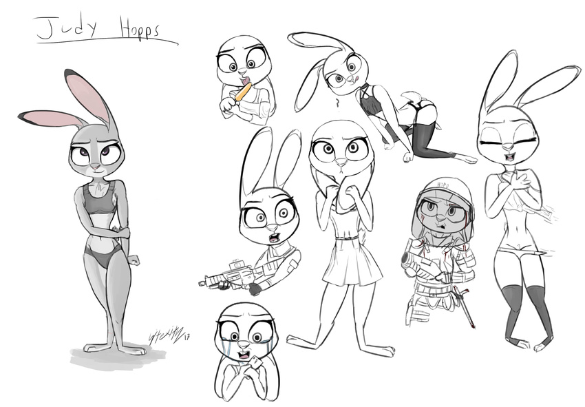 2017 anthro armor body_armor bra clothed clothing crying disney english_text female flat_chested food garter_belt garter_straps gun helmet holding_object holding_weapon judy_hopps kneeling lagomorph looking_at_viewer mammal panties police_uniform popsicle purple_eyes rabbit ranged_weapon rifle simple_background sketch_page solo standing tears text tongue tongue_out underwear uniform weapon white_background yitexity zootopia