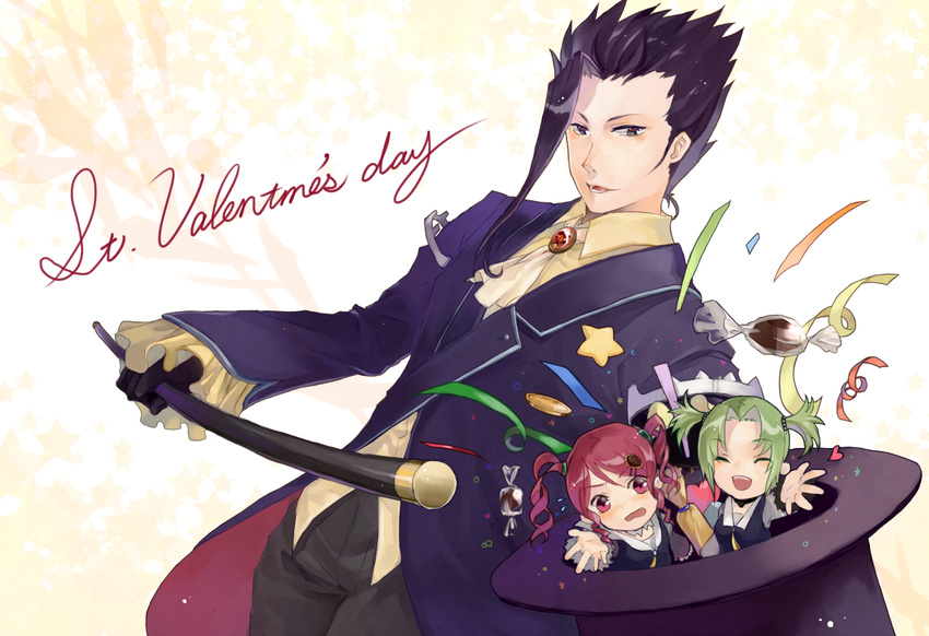 1boy 2girls breasts candy coin droite eyes_closed frills gauche gloves green_hair grey_eyes hair_ornament hat heart multiple_girls open_mouth pants purple_hair red_eyes red_hair short_hair suit tales_of_(series) tales_of_vesperia top_hat twintails yeager