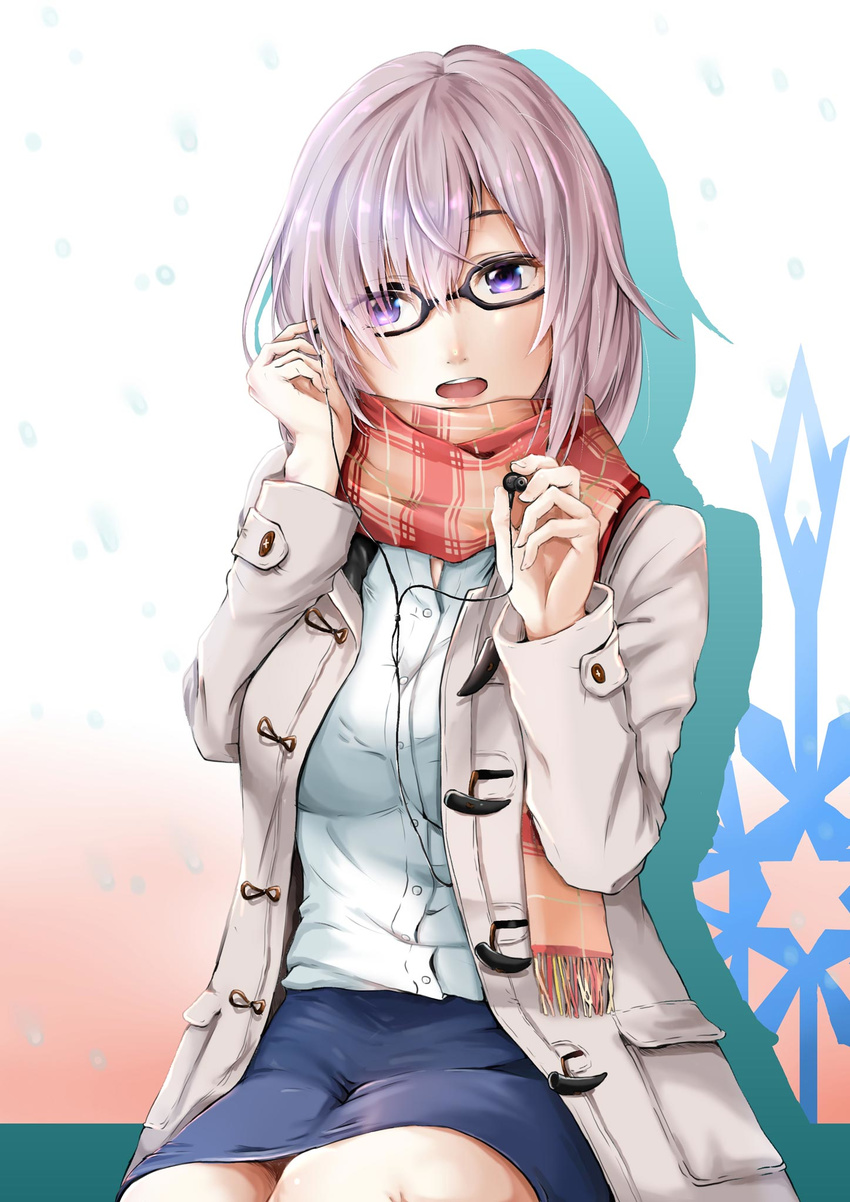 alternate_costume coat commentary_request earbuds earphones fate/grand_order fate_(series) glasses highres mash_kyrielight purple_eyes purple_hair red_scarf scarf sezoku short_hair single_earphone_removed sitting skirt solo