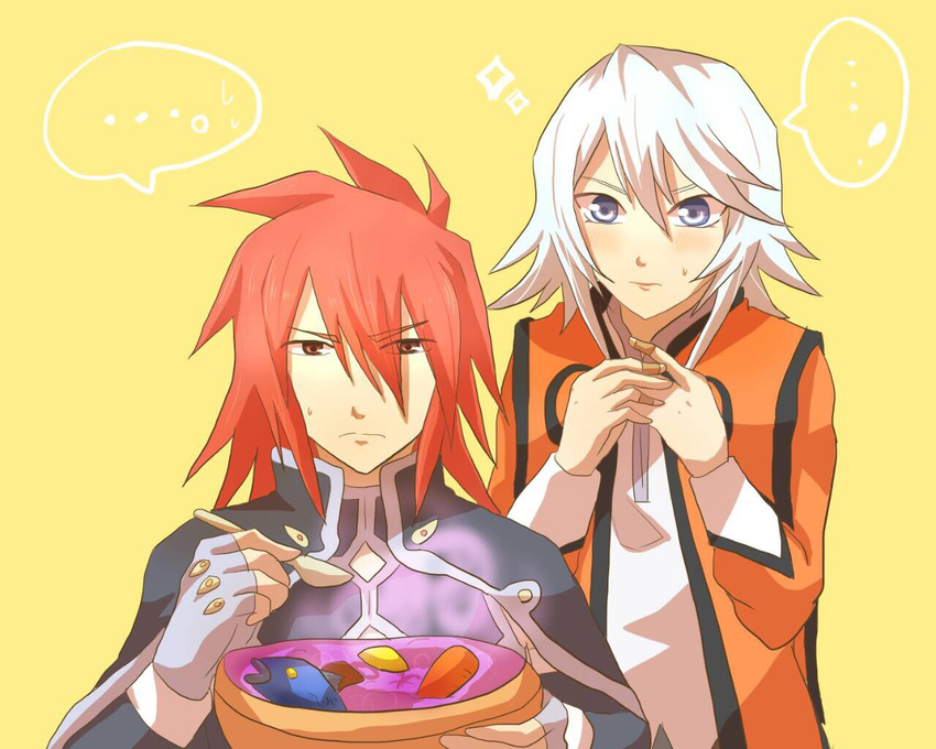 1boy 1girl blue_eyes blush bodysuit cape carrot coat fish food gloves kratos_aurion plaster red_eyes red_hair refill_sage short_hair silver_hair sparkle spoon tales_of_(series) tales_of_symphonia yellow_background