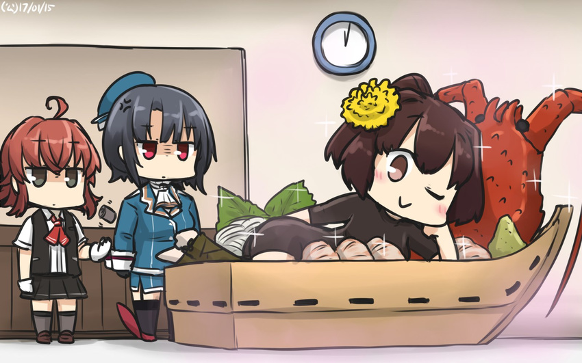 ahoge anger_vein arashi_(kantai_collection) beret black_gloves black_hair brown_eyes brown_hair clock commentary dandelion dated depth_charge flower gloves hair_flower hair_ornament hamu_koutarou hat highres ise_(kantai_collection) kantai_collection lobster military military_uniform multiple_girls one_eye_closed pleated_skirt red_eyes red_hair school_uniform short_hair short_sleeves skirt sparkle takao_(kantai_collection) underskirt uniform wasabi white_gloves