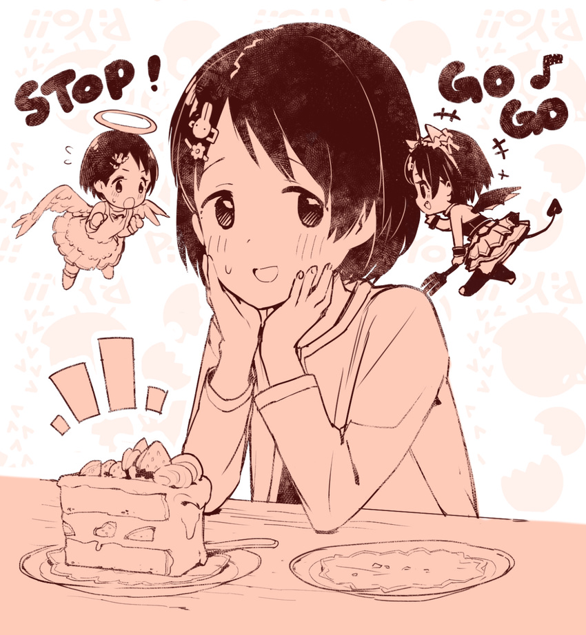 1girl angel_and_devil arm_strap cake commentary_request food highres idolmaster idolmaster_cinderella_girls monochrome multiple_persona open_mouth sasaki_chie short_hair shoulder_angel shoulder_devil solo teiryoku_lolita