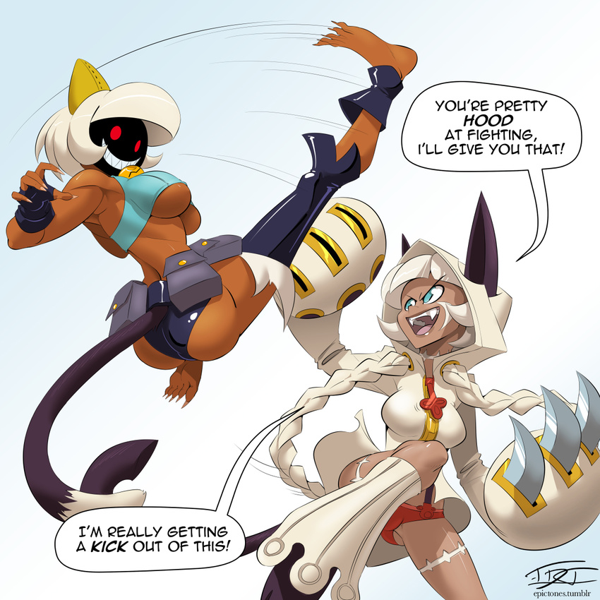 2016 action_pose animal_humanoid armpits bell_collar big_breasts blazblue blue_eyes booty_shorts braided_hair breasts butt cat_humanoid claws clothes_swap clothing collar crossover dad_joke dark_skin dialogue duo edit english_text epictones feline female fight fingerless_gloves furgonomics gloves grin hair hi_res hood humanoid humor long_hair mammal midriff nadia_fortune pigtails pun raised_arm red_eyes scar sharp_teeth short_hair simple_background skullgirls speech_bubble taokaka teeth text toe_claws under_boob video_games white_background white_hair