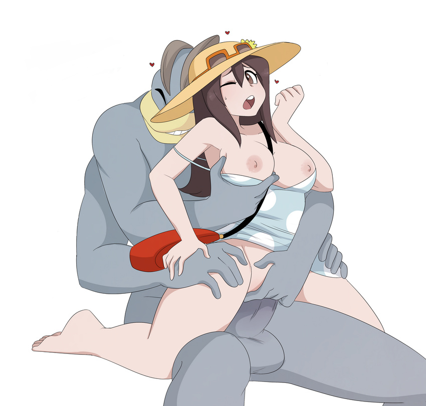 ;o barefoot bottomless breasts breasts_grab brown_hair clothed_sex couple dress eyes_closed feet happy hat heart looking_at_viewer machamp nipples no_bra npc one_eye_closed open_mouth pokemon pokemon_(creature) pokemon_(game) pokemon_sm reverse_cowgirl sex sightseer_(pokemon) simple_background smile strap_slip sun_hat sunglasses teeth testicles thigh_grab vaginal white_background