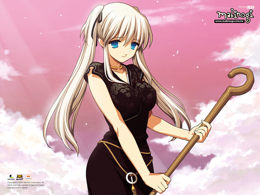 2005 belt black_dress blue_eyes cloud dress hair_ribbon highres holding holding_staff long_dress long_hair looking_at_viewer mabinogi nao_(mabinogi) no_pupils ribbon shepherd's_crook smile solo staff twintails wallpaper watermark web_address white_hair