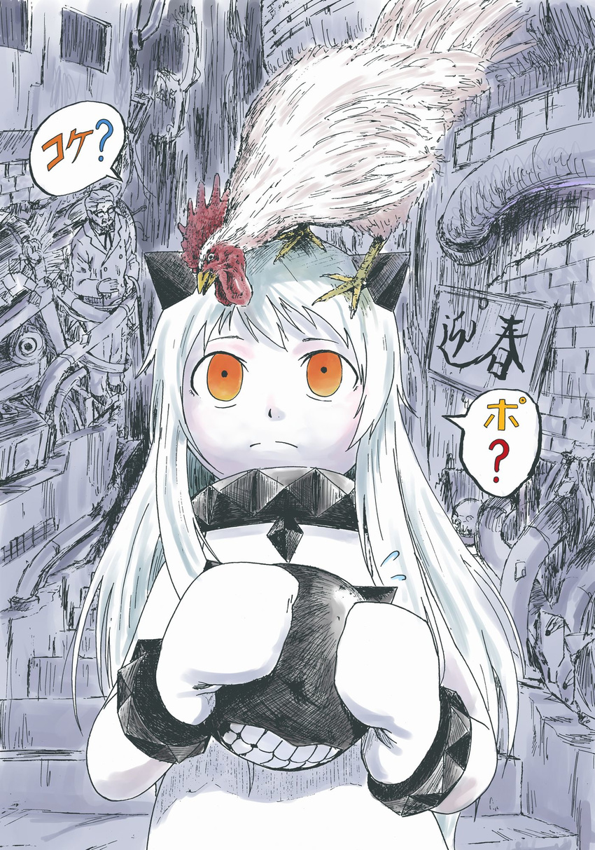 ahoge ali_(watarutoali) animal animal_on_head bird cameo chicken colonel_sanders dress enemy_aircraft_(kantai_collection) flying_sweatdrops highres holding horns kantai_collection kfc long_hair mittens northern_ocean_hime on_head orange_eyes rooster shinkaisei-kan translated white_dress white_hair white_skin