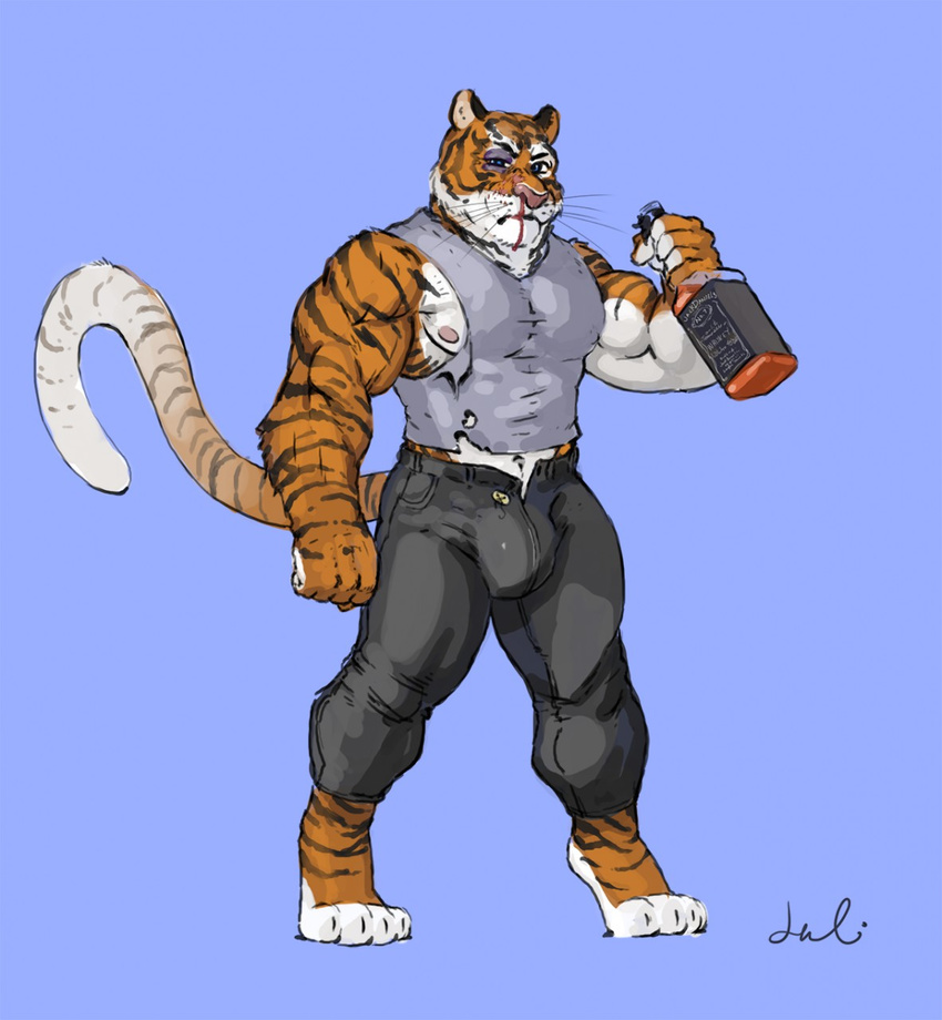 alcohol anthro beverage blood bulge clothed clothing feline julicat looking_at_viewer male mammal muscular nosebleed solo standing tiger unzipped whiskey