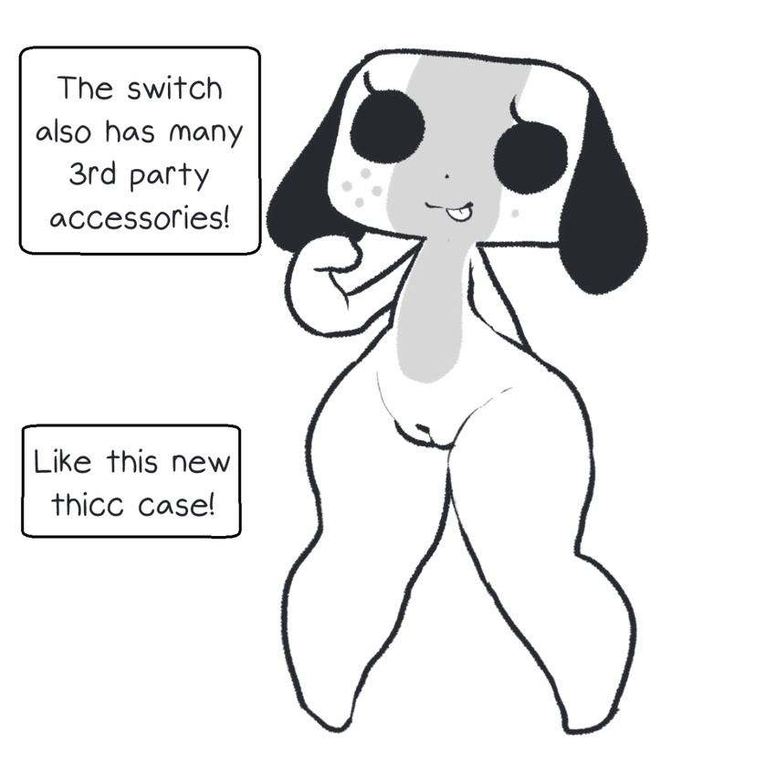 2017 animate_inanimate anthro canine digital_media_(artwork) dog female hi_res itsunknownanon looking_at_viewer mammal monochrome nintendo nintendo_switch nude pussy simple_background slightly_chubby smile solo spread_legs spreading standing switch_dog video_games
