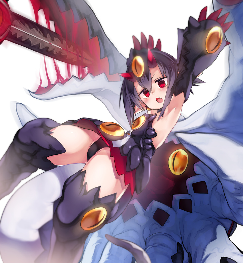 desco_(disgaea) disgaea fangs highres horns looking_at_viewer makai_senki_disgaea_4 nishiide_kengorou panties pantyshot purple_hair red_eyes solo sword tentacles underwear weapon