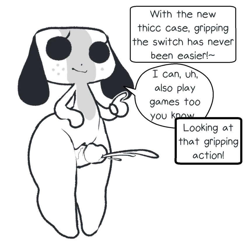 2017 animate_inanimate anthro canine cum digital_media_(artwork) dog erection female hi_res itsunknownanon looking_at_viewer male mammal monochrome nintendo nintendo_switch nude penis pussy sex simple_background slightly_chubby smile switch_dog thigh_sex video_games