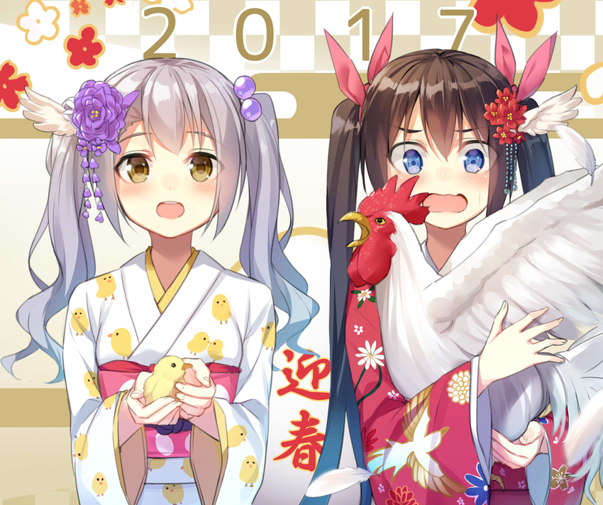 2girls alexmaster animal animal_print bangs bird blue_eyes blush checkered checkered_background chick chick_print chicken chinese_zodiac commentary_request eyebrows_visible_through_hair feathers floral_background floral_print flower hair_between_eyes hair_flower hair_ornament hair_ribbon happy_new_year highres holding holding_animal japanese_clothes kanzashi kimono long_hair long_sleeves looking_at_another looking_down multiple_girls nengajou new_year obi open_mouth original pink_ribbon purple_flower red_kimono ribbon rooster sash silver_hair smile startled teeth twintails upper_body wavy_hair wavy_mouth white_kimono wide_sleeves year_of_the_rooster yellow_eyes