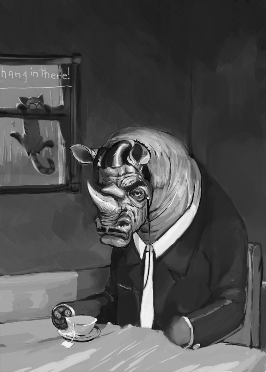 anthro beverage clothed clothing eyewear facial_hair hair horn julicat looking_at_viewer male mammal monochrome monocle mustache rhinoceros sitting solo tea