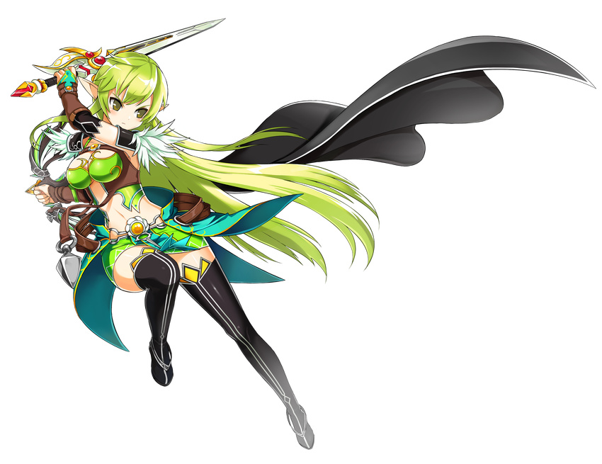 absurdres black_footwear black_legwear boots breasts bridal_gauntlets cape cleavage elsword full_body green_eyes green_hair highres holding holding_sword holding_weapon large_breasts long_hair miniskirt navel night_watcher_(elsword) official_art pointy_ears rena_(elsword) ress serious skirt solo sword thigh_boots thighhighs transparent_background very_long_hair weapon