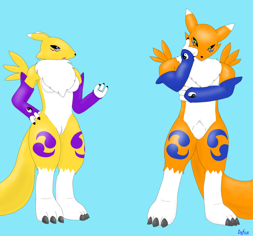 anthro black_sclera blue_eyes canine chest_tuft claws clothing dgfox digimon digital_media_(artwork) elbow_gloves featureless_crotch female fox fur gloves green_eyes hair male mammal mostly_nude multicolored_fur navel orange_fur pubes renamon tuft yellow_fur