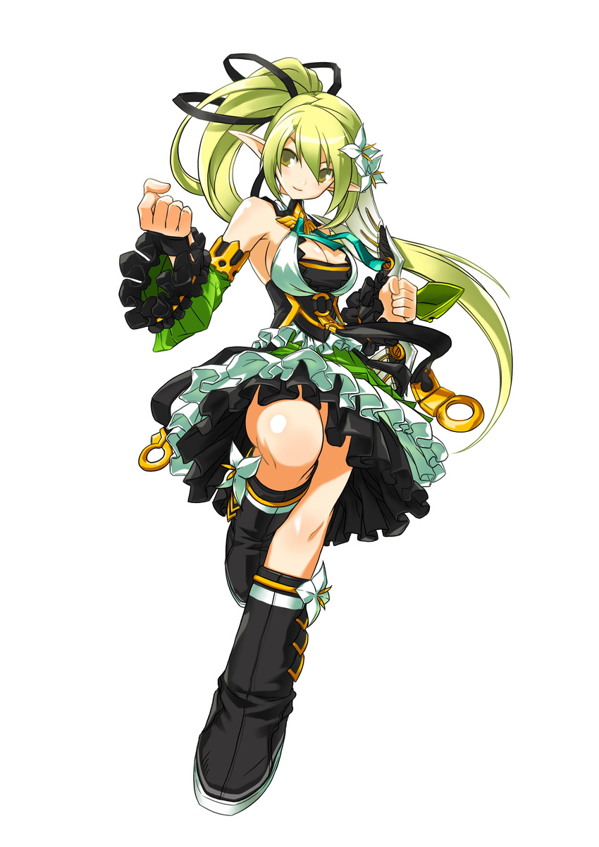 absurdres black_footwear black_ribbon boots breasts cleavage clenched_hand detached_sleeves elsword flower frills full_body green_eyes green_hair green_sleeves hair_flower hair_ornament hair_ribbon highres knee_boots large_breasts long_hair official_art pointy_ears ponytail rena_(elsword) ress ribbon simple_background smile solo very_long_hair white_background wind_sneaker_(elsword)