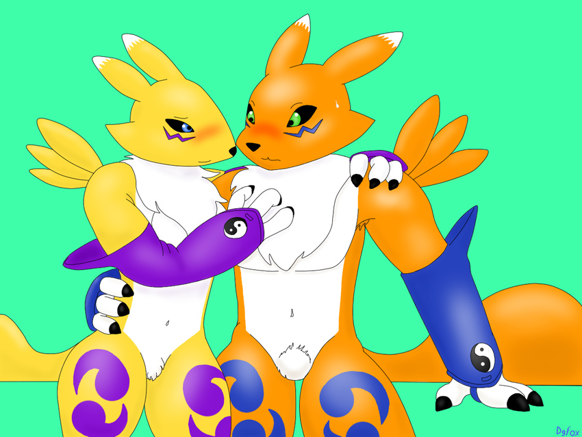 anthro black_sclera blue_eyes blush canine chest_tuft claws clothing dgfox digimon digital_media_(artwork) elbow_gloves featureless_crotch fox fur gloves green_eyes hair male mammal mostly_nude multicolored_fur navel orange_fur pubes renamon tuft yellow_fur