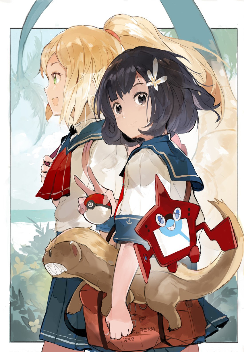 andrian_gilang bag black_hair blonde_hair brown_eyes flower gen_4_pokemon gen_7_pokemon green_eyes hair_flower hair_ornament highres lillie_(pokemon) messenger_bag mizuki_(pokemon) multiple_girls poke_ball pokedex pokemon pokemon_(creature) pokemon_(game) pokemon_sm ponytail rotom rotom_dex school_uniform shoulder_bag skirt v yungoos