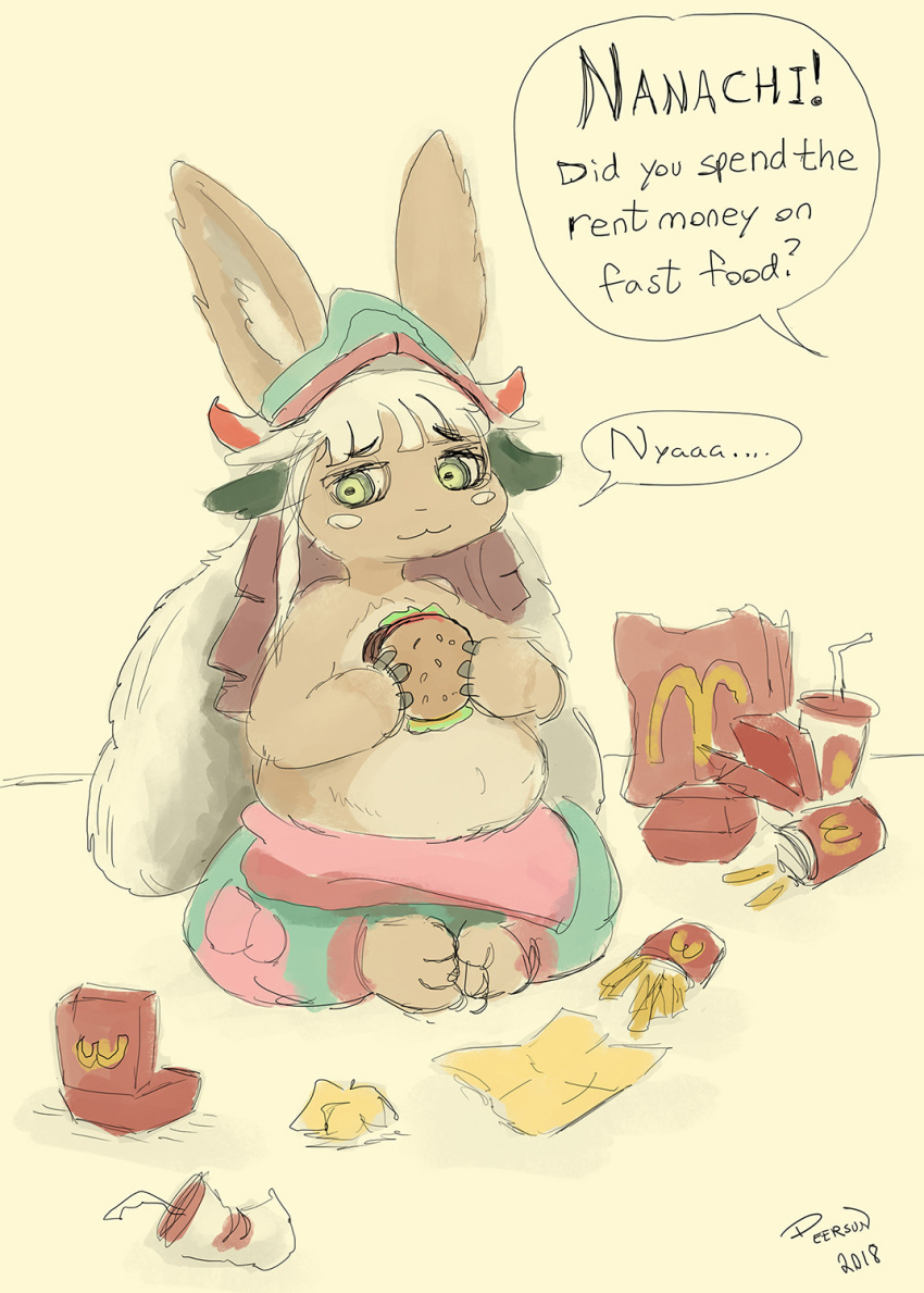 anthro clothed clothing deersun dialogue english_text fast_food female food fries fur green_eyes hair hat hi_res holding_food holding_object lagomorph made_in_abyss mammal mcdonald's nanachi narehate pants slightly_chubby solo speech_bubble tan_fur text topless white_hair