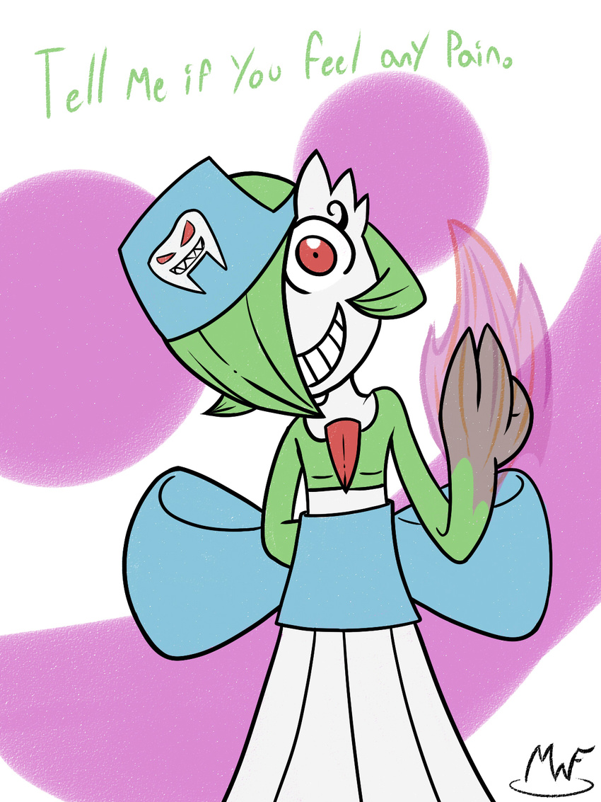 dialogue gardevoir invalid_tag looking_at_veiwer mysterywhiteflame nintendo nurse pok&eacute;mon simple_background video_games wide_eye