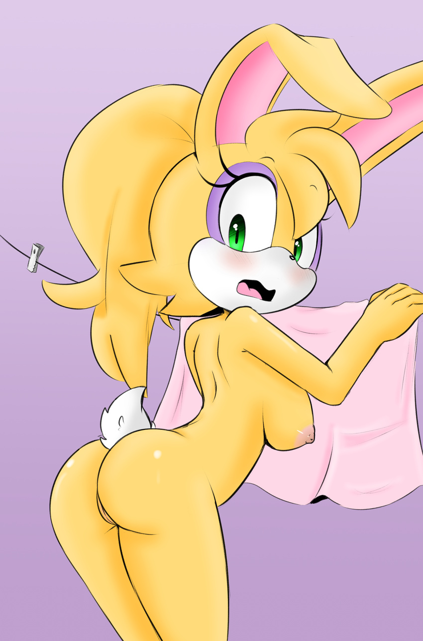 2016 anthro areola big_breasts blush breasts bunnie_rabbot butt clothing female fur hair hearlesssoul hi_res lagomorph long_hair looking_at_viewer looking_back mammal nipples nude open_mouth popon13 pussy rabbit raised_tail rear_view solo sonic_(series) surprise tongue
