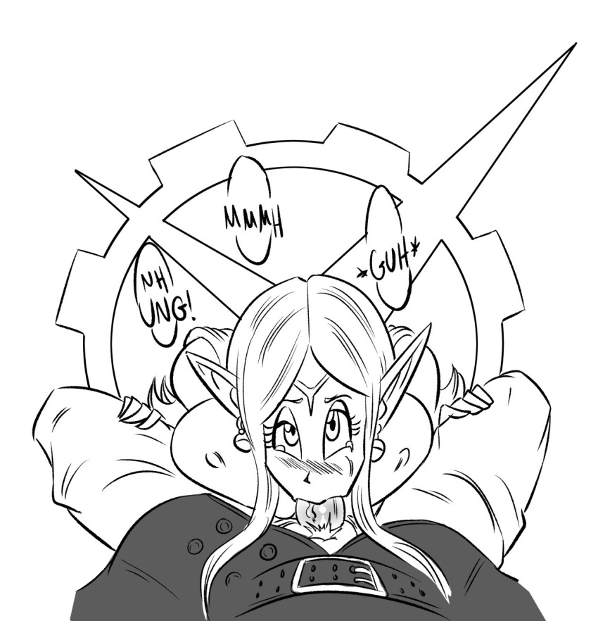 1boy 1girl artist_request blush breast_press breasts cheek_bulge circlet deepthroat dragon_ball dragon_ball_heroes dragon_ball_xenoverse earring earrings fellatio female hetero jewelry large_breasts long_hair looking_at_viewer lying masturbation monochrome older oral penis pointy_ears potara_earrings simple_background supreme_kai_of_time tears white_background