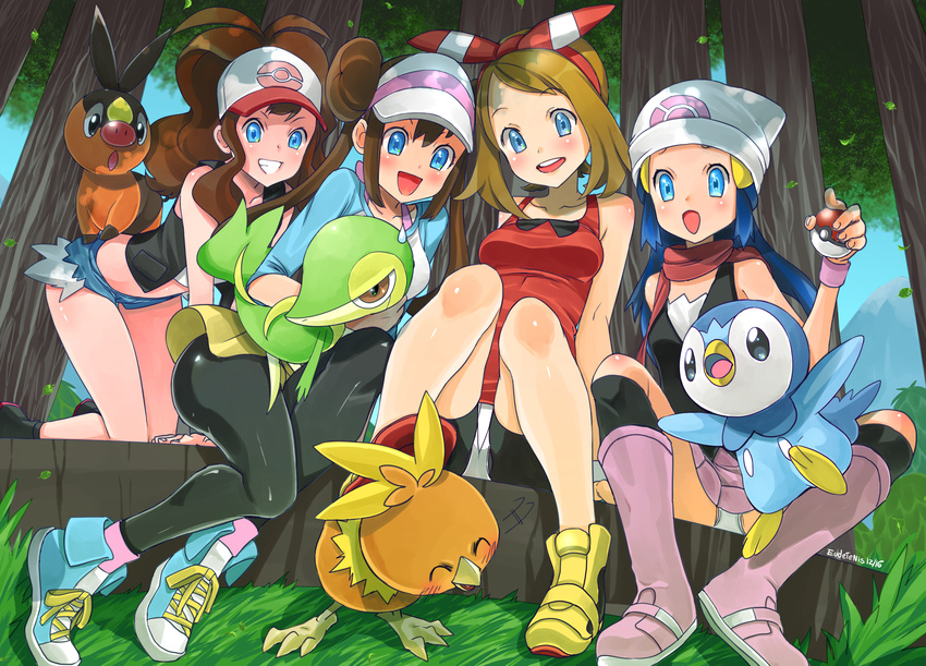 :d :o artist_name baseball_cap beanie bench bent_over bike_shorts bike_shorts_under_shorts blue_eyes blue_hair blush boots bow bowtie brown_hair day denim double_bun dress eudetenis forest frilled_skirt frills gen_3_pokemon gen_4_pokemon gen_5_pokemon grass hair_bun hair_ornament hairclip happy haruka_(pokemon) hat headband highres hikari_(pokemon) holding holding_poke_ball knee_boots kneehighs leaf leggings legs long_hair mei_(pokemon) midriff multiple_girls nature navel open_mouth outdoors panties pantyhose pantyshot pink_footwear piplup poke_ball pokemon pokemon_(creature) pokemon_(game) pokemon_bw pokemon_bw2 pokemon_dppt pokemon_oras pokemon_rse ponytail scarf shoes short_hair short_shorts shorts sitting skirt sleeveless sleeveless_dress sleeves_past_elbows smile snivy spread_legs sweatdrop tank_top teeth tepig thighs torchic touko_(pokemon) tree twintails underwear vest visor_cap watching