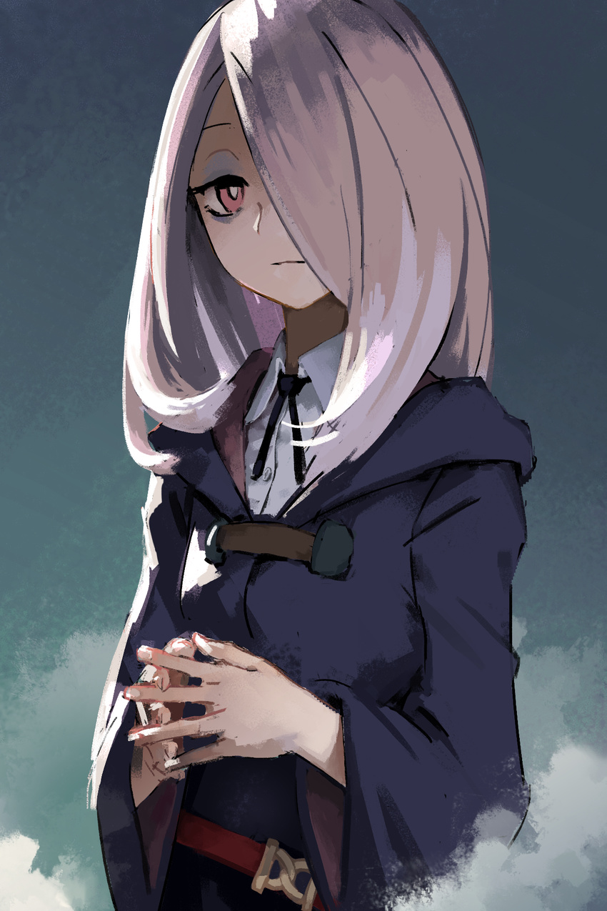 belt eyeshadow fog hair_over_one_eye half-closed_eyes highres hood light_smile little_witch_academia long_hair looking_at_viewer makeup pale_skin purple_hair red_eyes simple_background sketch solo steepled_fingers sucy_manbavaran treeware upper_body